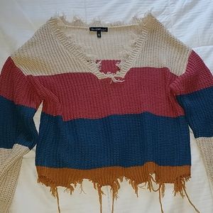 Color block distressed v neck sweater